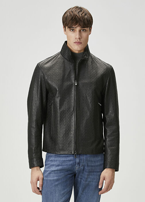 ジャケット・アウター archive EMPORIO ARMANI Leather Jacket Emporio Armani - Black Logo Patterned Leather Jacket