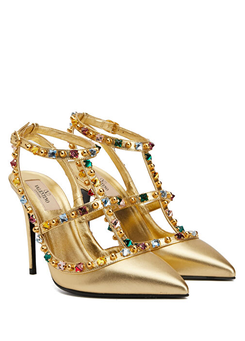 Rockstud Gold Deri Topuklu Ayakkabı - Görsel 3