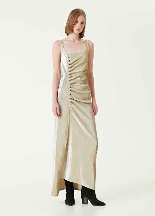 long gold sparkly dress Paco Rabanne Gold Sleeveless Drapé Pression Maxi Dress main image 0