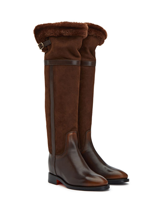 Kahverengi Shearling Detaylı Kadın Deri Çizme - Görsel 3