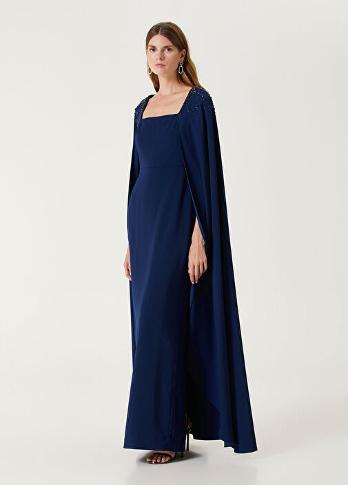 Marchesa Notte - Navy Blue Cape Detailed Maxi Evening Dress Marchesa Notte - Navy Blue Cape Detailed Maxi Evening Dress