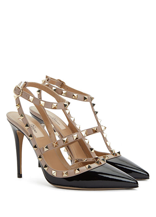 Rockstud Siyah Bej Deri Topuklu Ayakkabı - Görsel 3