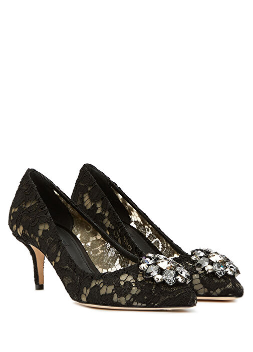 Siyah Broş Detaylı Dantelli Topuklu Ayakkabı - Görsel 3