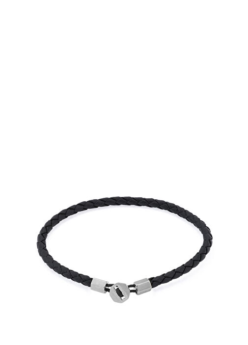 Siyah Deri Gümüş Kaplama Çelik Erkek Bileklik