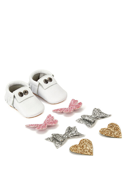 Beyaz Aksesuar Detaylı Kız Bebek Deri Ayakkabı - Görsel 6