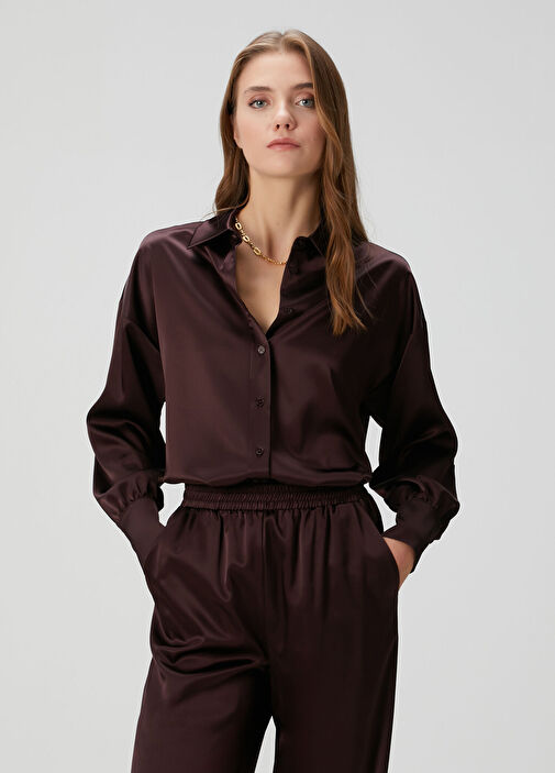Mürdüm Saten Gömlek - Görsel 2