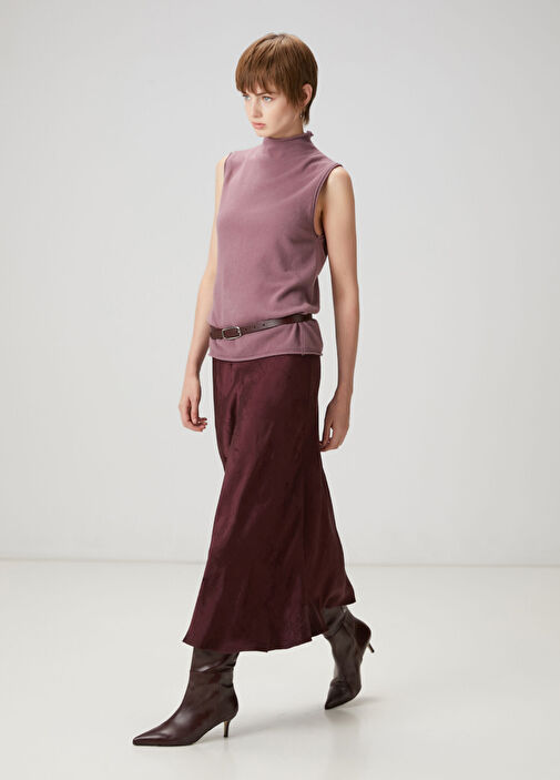 Mürdüm Çiçek Jakarlı Midi Etek