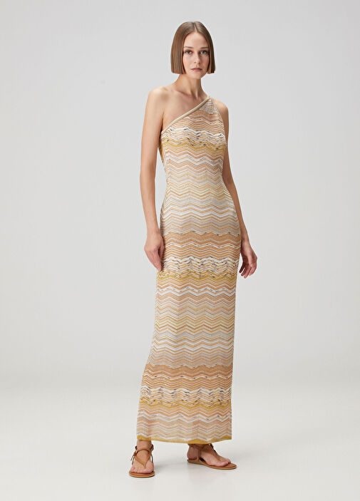Gold Bej Tek Omuzlu Payetli Maksi Elbise