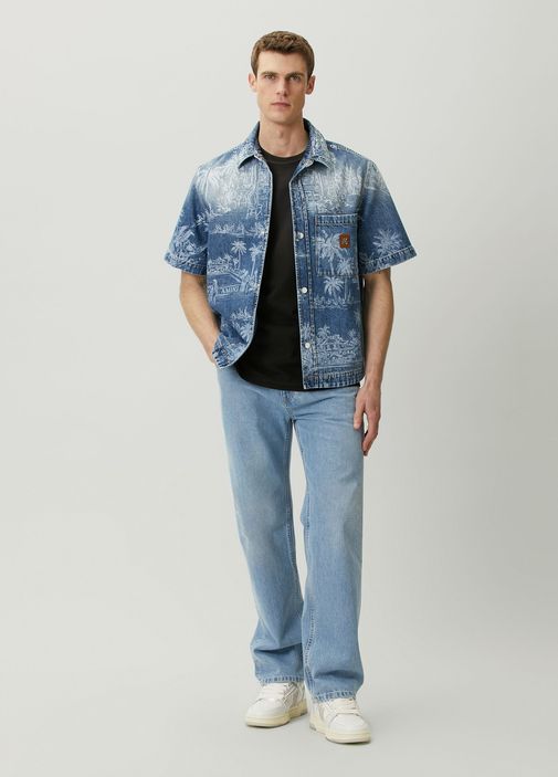 Blue Amiri Blue Men Blue Palm Print Short Sleeve Denim Shirt