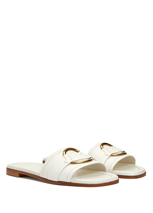 Beyaz Logo Detaylı Kadın Deri Terlik - Görsel 3