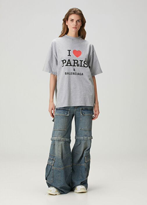Balenciaga - I Love Paris Medium Fit Gri T-shirt - Gri