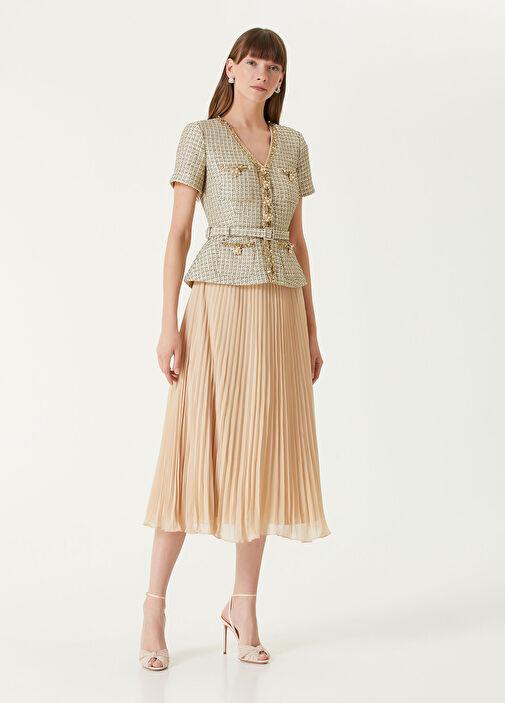 Self Portrait - Gold Pleated Midi Tweed Dress