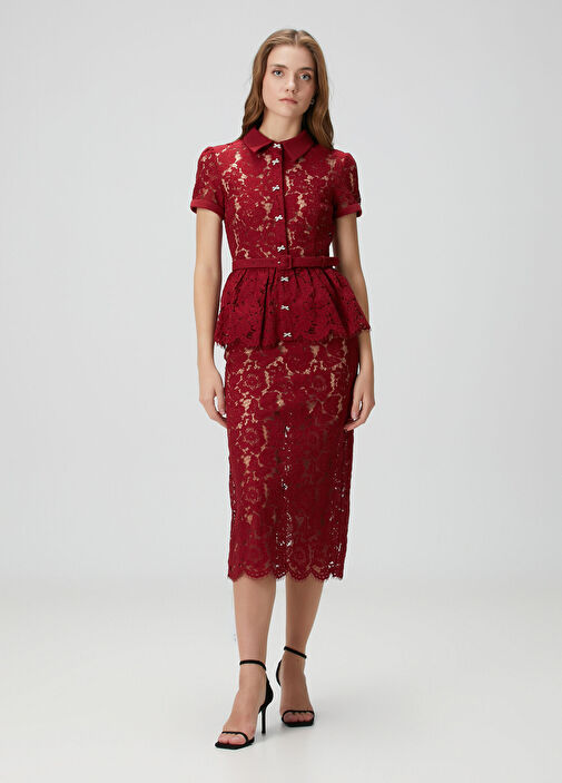 Self Portrait - Burgundy Waist Detailed Lace Midi Dress