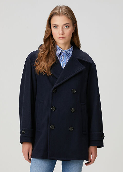 Lacivert Kruvaze Yün Kaban