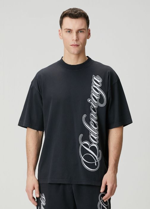 Balenciaga Siyah Erkek Medium Fit Cursive Siyah Logo Nakışlı T
