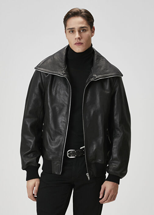 Black Rick Owens Black Men Brixa Dracucollar Black Leather Jacket