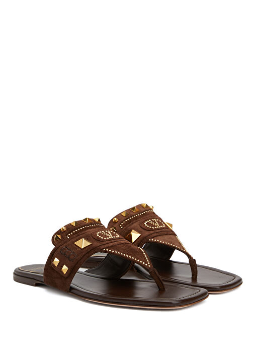 Rockstud Kahverengi Kadın Deri Terlik - Görsel 3