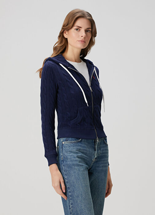 Lacivert Kapüşonlu Saç Örgü Hırka