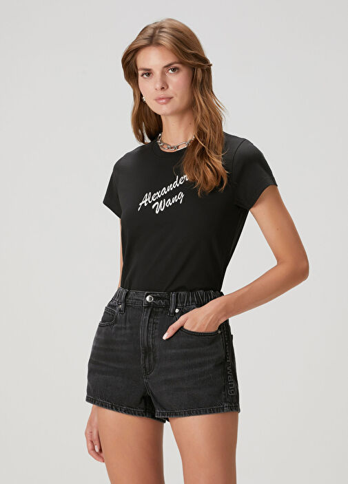 Alexander Wang - Siyah Taşlı Logo Baskılı T-shirt - Siyah