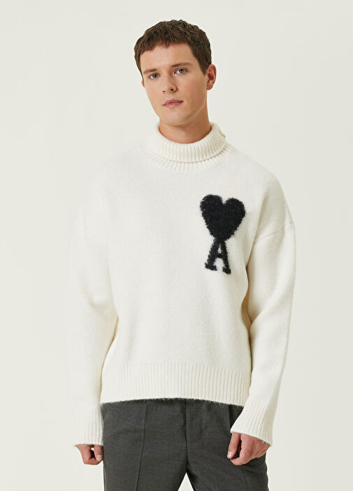 Ami Paris - Beyaz Balıkçı Yaka Logo Jakarlı Kazak - Beyaz