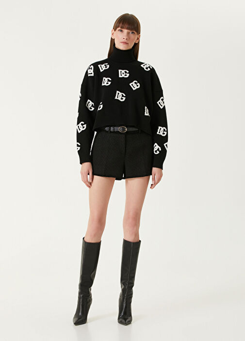 Dolce&Gabbana - Siyah Beyaz Logo Jakarlı Cropped Yün Kazak - Siyah