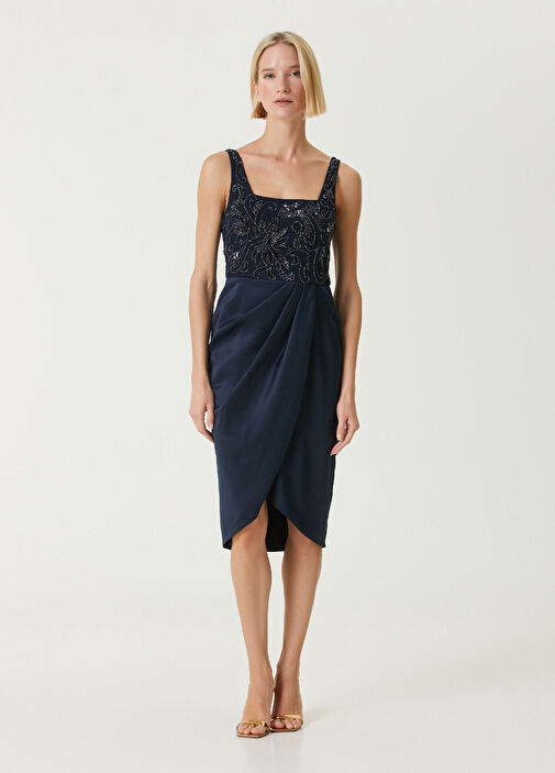 Aidan Mattox - Navy Blue Embellished Midi Cocktail Dress