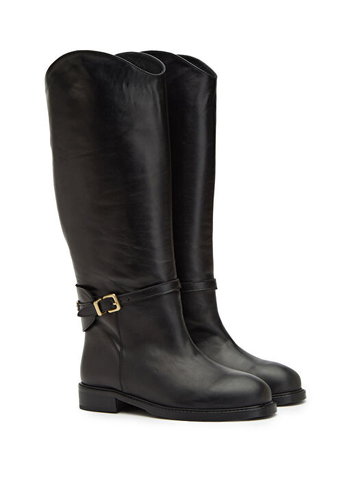 Siyah Zincir Logolu Kadın Deri Binici Çizme - Görsel 3