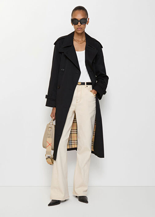 Burberry Siyah Kadın Long Castleford Siyah Gabardin Kadın Trençkot