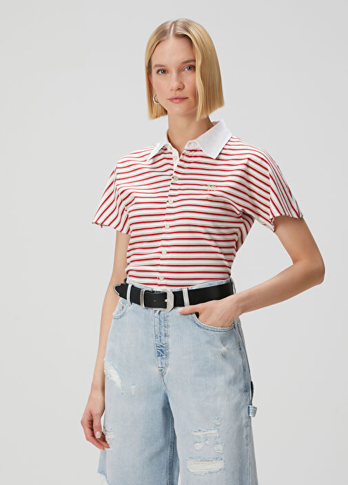 Golden Goose - Cream Red Striped Polo T-Shirt