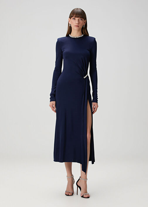 DAVID KOMA - Navy Embellished Midi Cocktail Dress