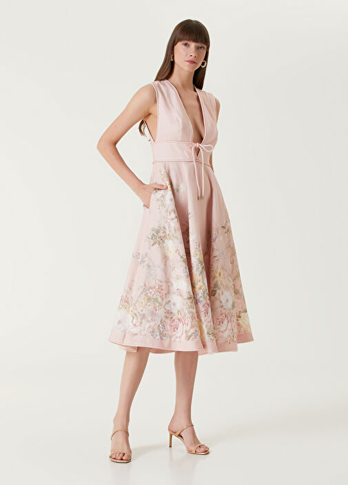 Zimmermann - Waverly Pink Floral Midi Linen Dress Zimmermann - Waverly Pink Floral Midi Linen Dress