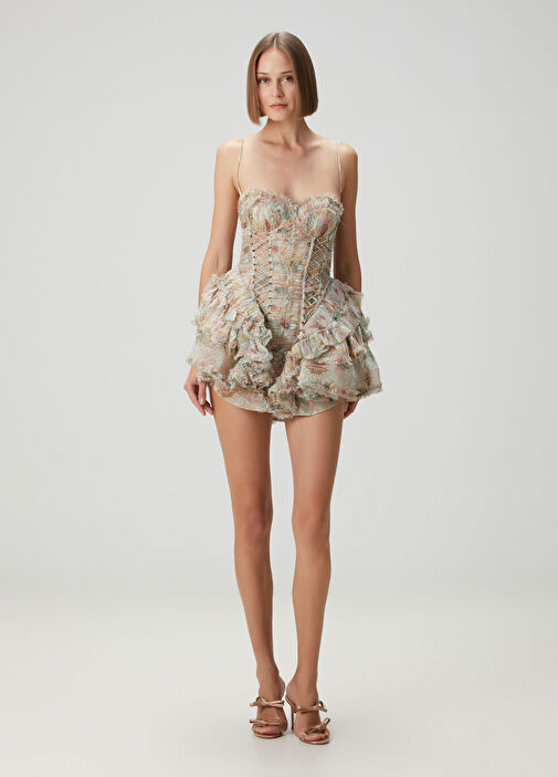 zimmermann cocktail dresses Luna Metallic Halter Dress | Cream/Gold 12% metallic fibers Pleated Mini Dress