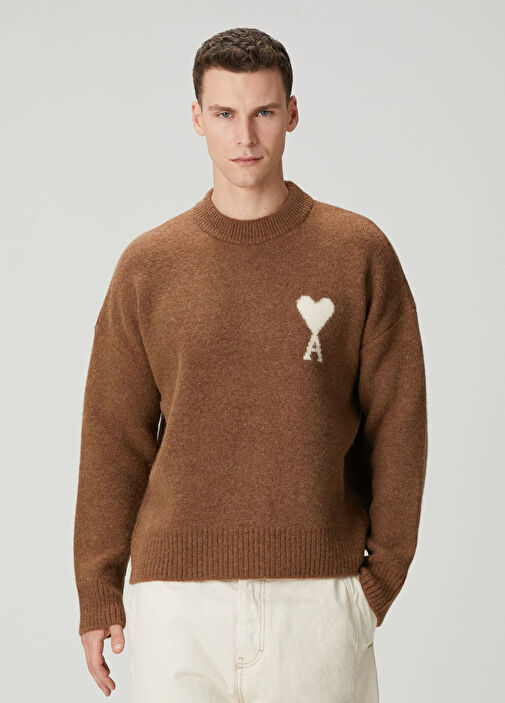 正規品 Ami Paris ニット ベージュ L Ami Paris - Tan Logo Jacquard Wool Sweater