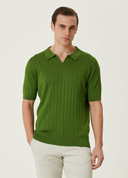 John Smedley Roper Dark Khaki Polo Neck Textured Short Sleeve K