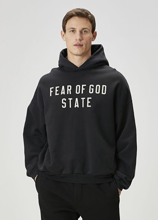 Fear of God ESSENTIALSスウェットパーカー Fear Of God Essentials Siyah Erkek Siyah Kapüşonlu Logo Baskılı