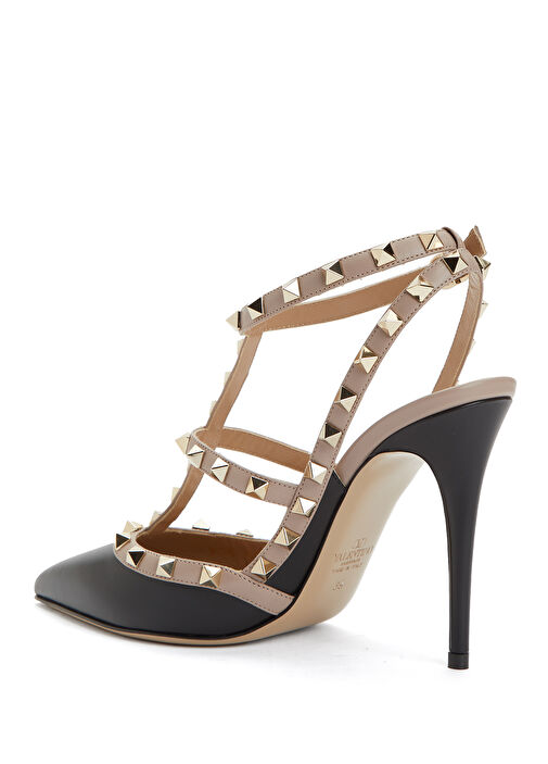 Rockstud Siyah Bej Deri Topuklu Ayakkabı - Görsel 4