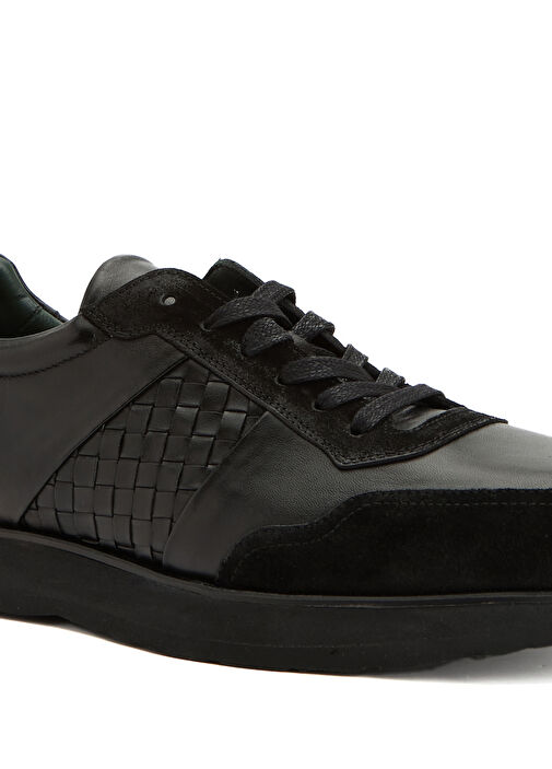 Siyah Örgü Detaylı Erkek Deri Sneaker - Görsel 7