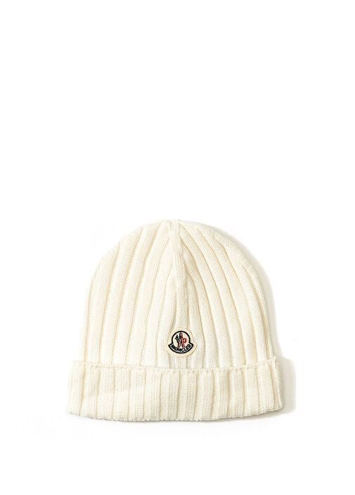 Moncler - Beyaz Logo Patchli Unisex Çocuk Yün Bere - Beyaz
