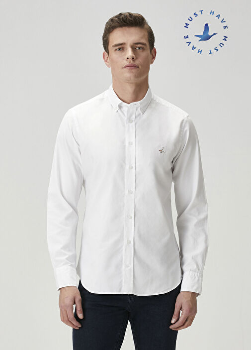 Slim Fit Beyaz Oxford Gömlek - Görsel 2