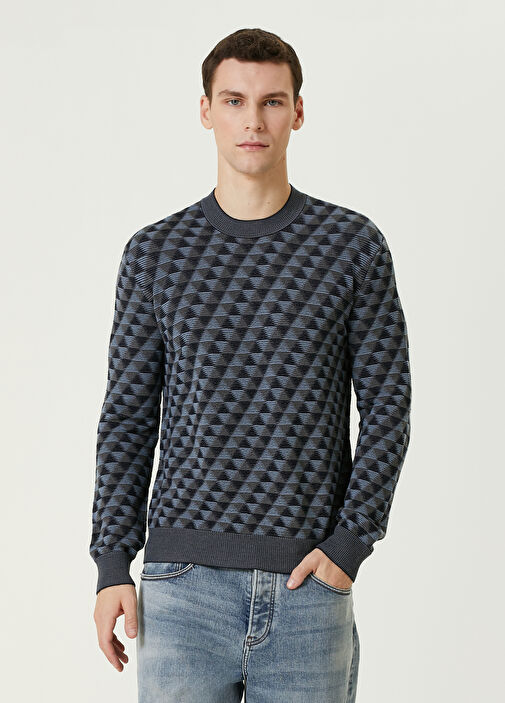 Giorgio Armani Black Geometric Pattern Jacquard Wool Sweater