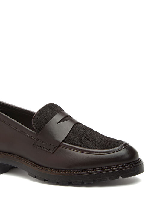 Kahverengi Tay Tüyü Desenli Kadın Deri Loafer - Görsel 7