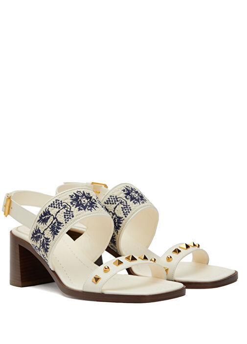 Rockstud Ekru Mavi Kadın Deri Sandalet - Görsel 3
