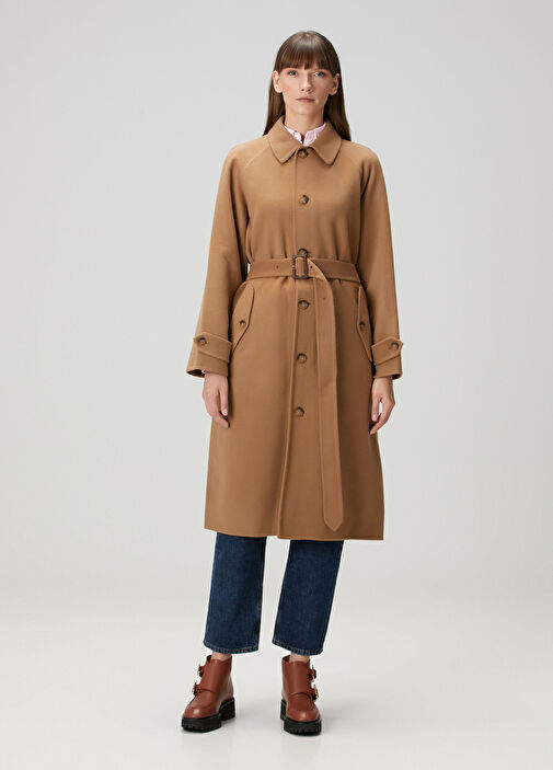 Kamel Beli Kemerli Yün Palto