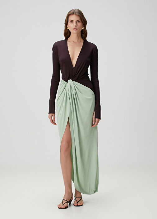 Victoria Beckham - Black Green Maxi Jersey Evening Dress