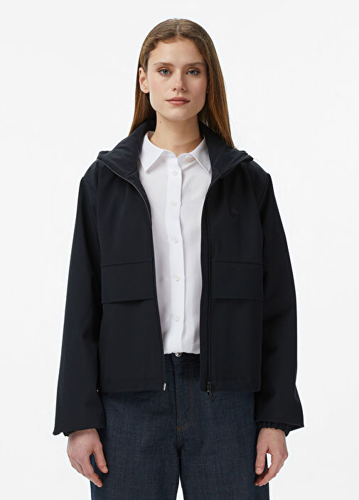 Siyah Baskılı Kapüşonlu Regular Fit Kadın Yağmurluk