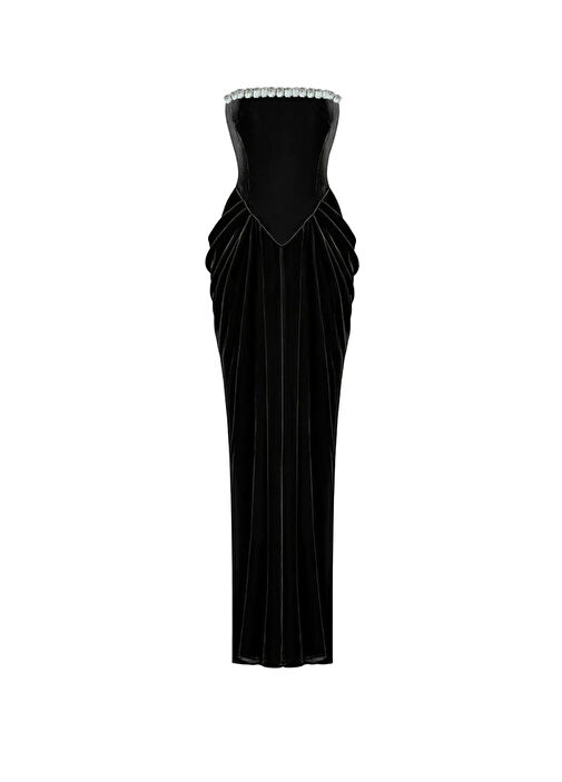 Soleil d'Asie - Glam Black Velvet Swarovski Stone Detailed Strapless  Women's Long Evening Dress