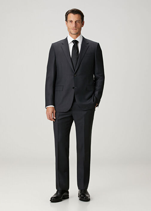 Lacivert Çizgi Desenli Yün Takım Elbise