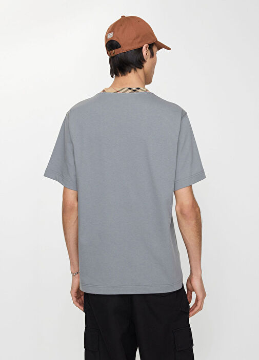 Burberry Gri Erkek Check Trim Pamuklu Gri Kısa Kollu Erkek T-Shirt