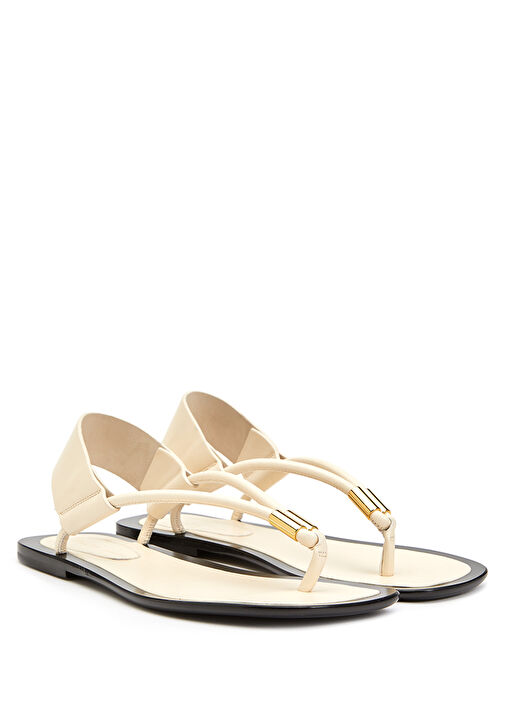 Krem Metal Tokalı Kadın Deri Sandalet - Görsel 3