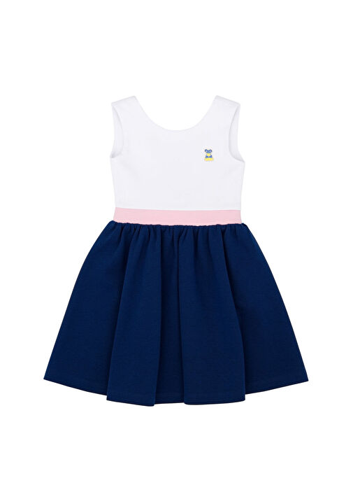Beyaz Lacivert Arkası Kurdelalı Kız Çocuk Elbise